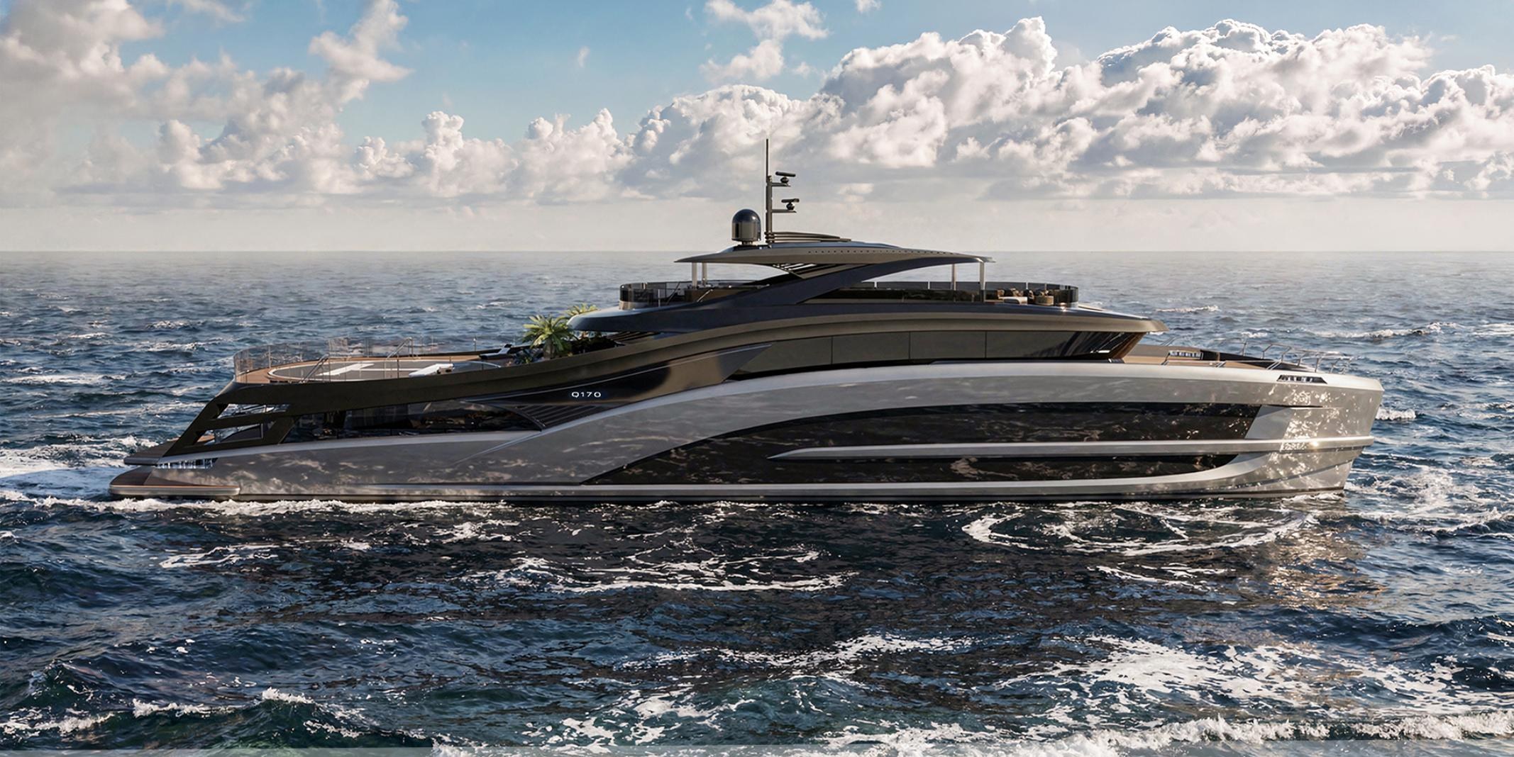 Q170 — aluminium catamaran superyacht rendering at sea