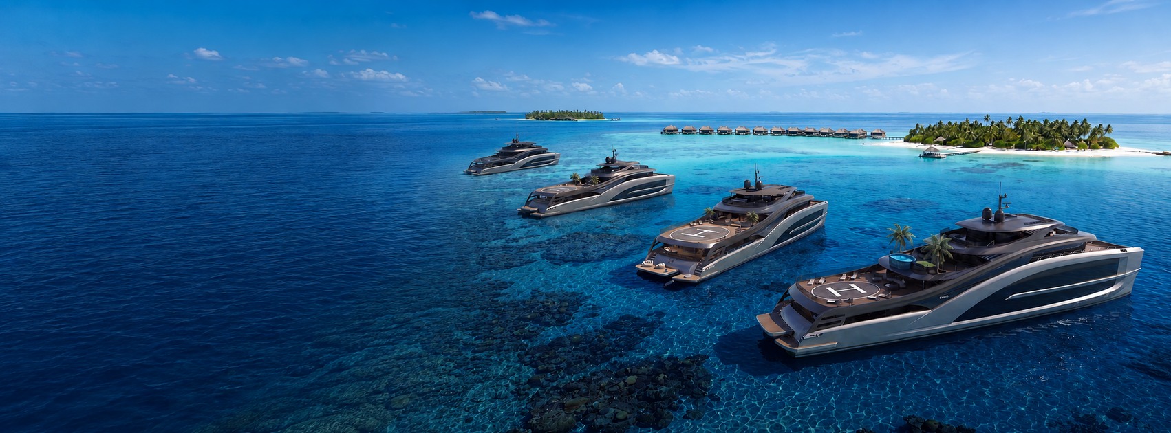 Four Ultimate Catamarans Q-Line superyachts at anchor over a tropical reef